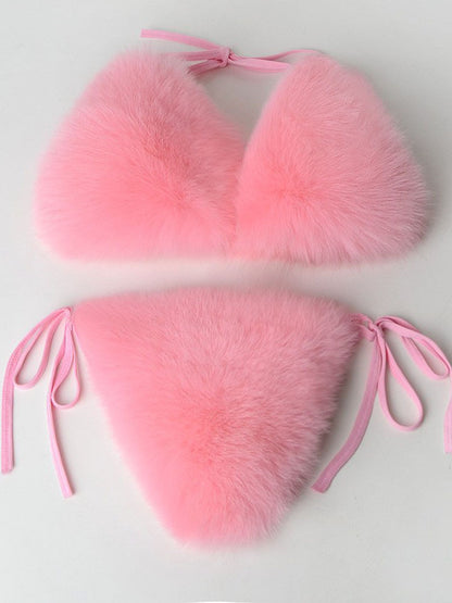 Maillot de bain 2 pièces sexy d'été pour femme, en fausse fourrure, rayé arc-en-ciel, dos nu, noué sur le côté, bralette en peluche, tenue de soirée