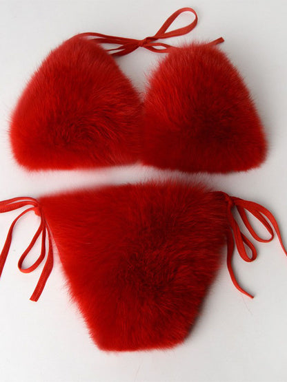 Maillot de bain 2 pièces sexy d'été pour femme, en fausse fourrure, rayé arc-en-ciel, dos nu, noué sur le côté, bralette en peluche, tenue de soirée