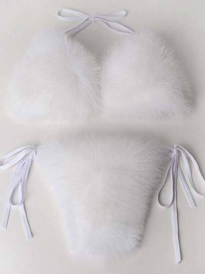 Maillot de bain 2 pièces sexy d'été pour femme, en fausse fourrure, rayé arc-en-ciel, dos nu, noué sur le côté, bralette en peluche, tenue de soirée