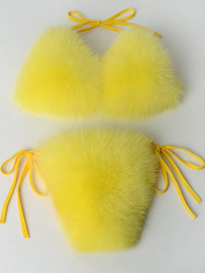 Maillot de bain 2 pièces sexy d'été pour femme, en fausse fourrure, rayé arc-en-ciel, dos nu, noué sur le côté, bralette en peluche, tenue de soirée
