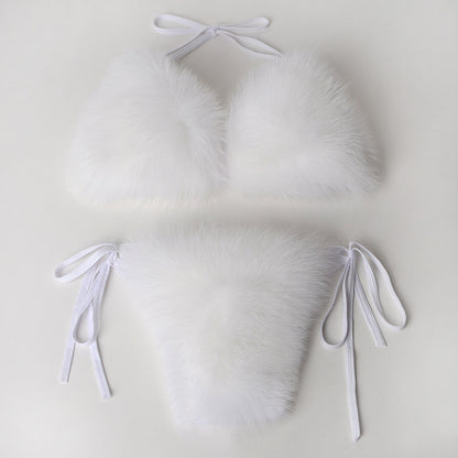 Maillot de bain 2 pièces sexy d'été pour femme, en fausse fourrure, rayé arc-en-ciel, dos nu, noué sur le côté, bralette en peluche, tenue de soirée