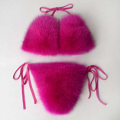 Maillot de bain 2 pièces sexy d'été pour femme, en fausse fourrure, rayé arc-en-ciel, dos nu, noué sur le côté, bralette en peluche, tenue de soirée