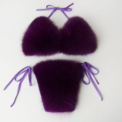 Maillot de bain 2 pièces sexy d'été pour femme, en fausse fourrure, rayé arc-en-ciel, dos nu, noué sur le côté, bralette en peluche, tenue de soirée