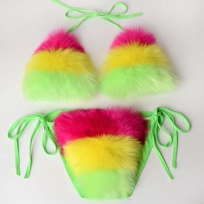 Maillot de bain 2 pièces sexy d'été pour femme, en fausse fourrure, rayé arc-en-ciel, dos nu, noué sur le côté, bralette en peluche, tenue de soirée