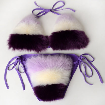 Maillot de bain 2 pièces sexy d'été pour femme, en fausse fourrure, rayé arc-en-ciel, dos nu, noué sur le côté, bralette en peluche, tenue de soirée