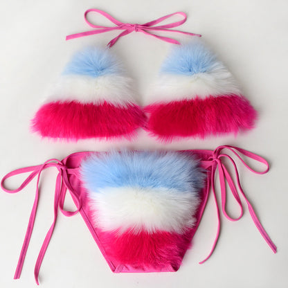 Maillot de bain 2 pièces sexy d'été pour femme, en fausse fourrure, rayé arc-en-ciel, dos nu, noué sur le côté, bralette en peluche, tenue de soirée