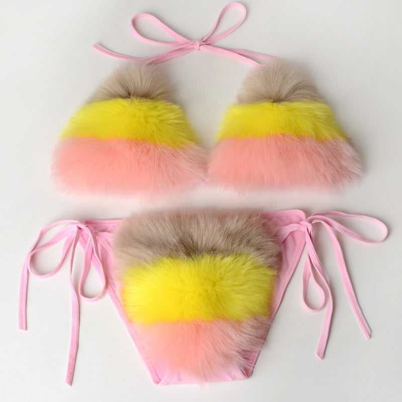 Women Summer Sexy 2 Piece Bikini Set Faux Fur Rainbow Striped Halter Swimsuit Tie Side Bottom Bralette Plush Bathing Suit Party Clubwear - Seldom Seen Styles