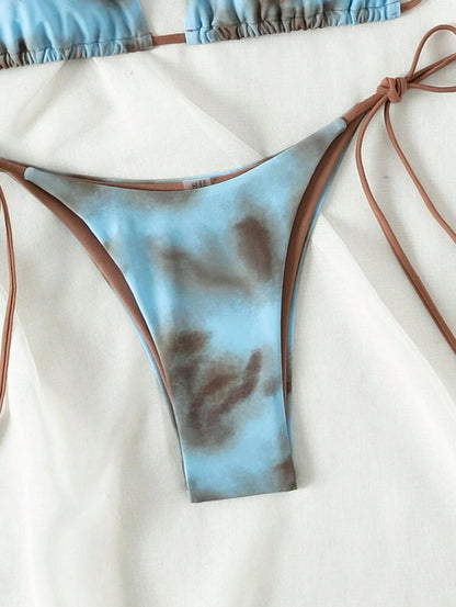 Maillot de bain string pour femme, ensemble haut de bikini triangle noué tie-dye et bas string