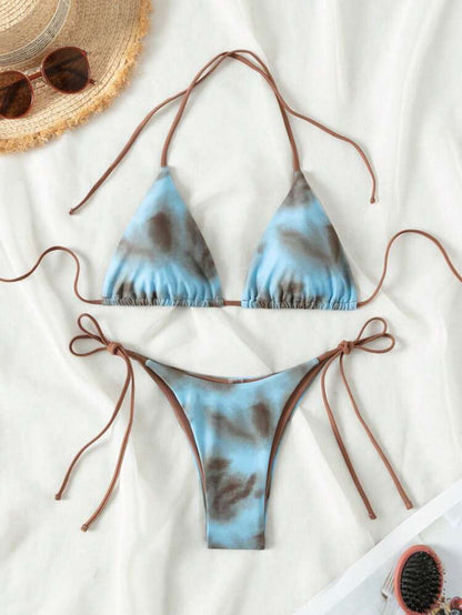 Maillot de bain string pour femme, ensemble haut de bikini triangle noué tie-dye et bas string