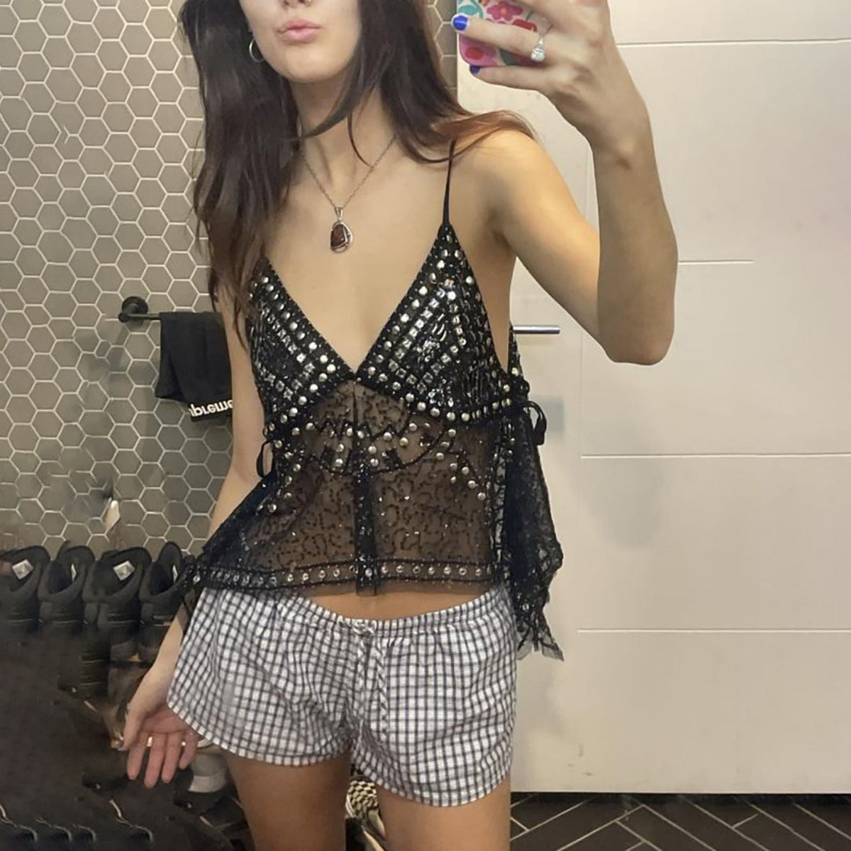 Women Y2K Sequin Mesh Tank Top Glitter Floral Embroidered Cami Crop Top Sleeveless Backless Rhinestone Camisole - Seldom Seen Styles