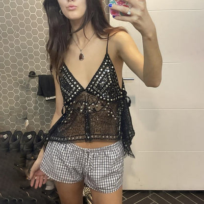 Damen Y2K Pailletten Mesh Tank Top Glitzer Blumen bestickt Cami Crop Top Ärmellos Rückenfrei Strass Camisole