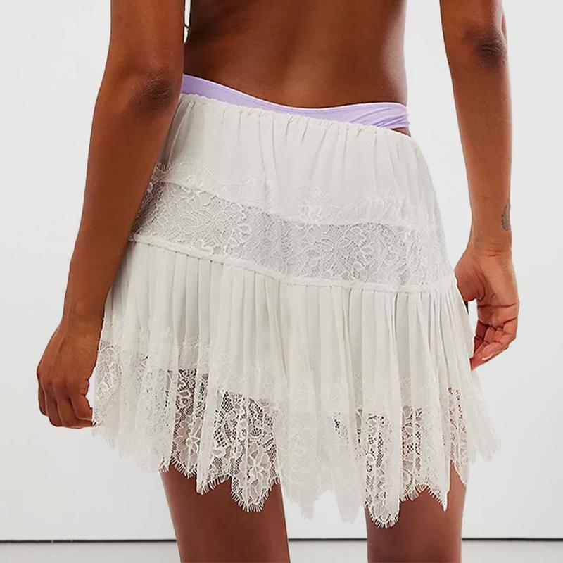 Women Y2k Lace Mini Skirts Summer Lace Slip Skirt Pleated Ruffle Floral Lace Tiered Short Skirts Underskirt - Seldom Seen Styles