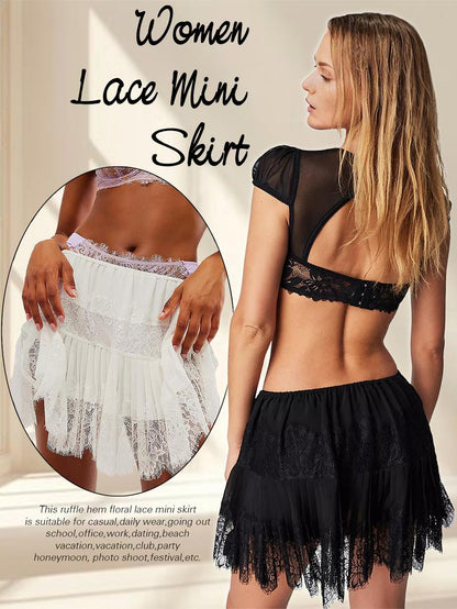 Women Y2k Lace Mini Skirts Summer Lace Slip Skirt Pleated Ruffle Floral Lace Tiered Short Skirts Underskirt