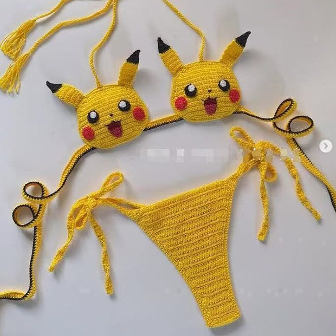 Women's 100% Handmade Crochet Cartoon Bikini Set Color Block Fun Swimsuit Beach Vacation Summer Swimwear - Seldom Seen Styles