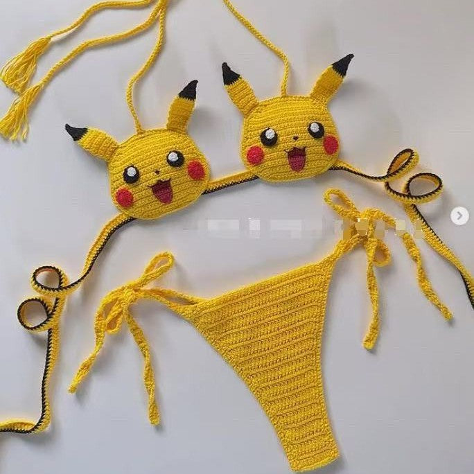Women's 100% Handmade Crochet Cartoon Bikini Set Color Block Fun Swimsuit Beach Vacation Summer Swimwear - Seldom Seen Styles