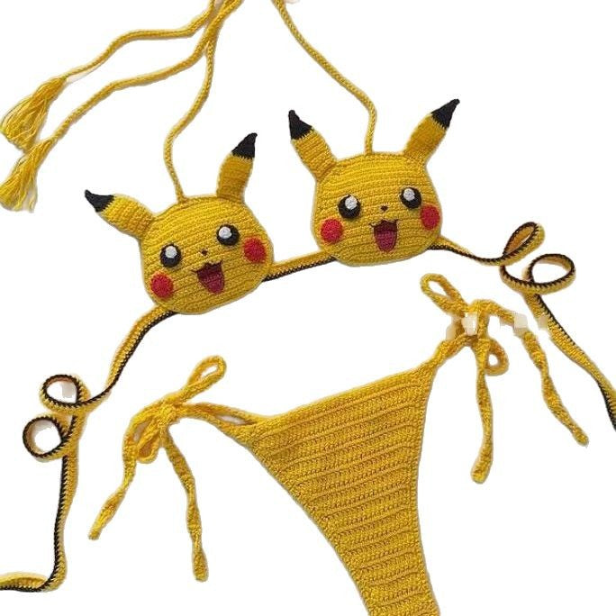 Women's 100% Handmade Crochet Cartoon Bikini Set Color Block Fun Swimsuit Beach Vacation Summer Swimwear - Seldom Seen Styles