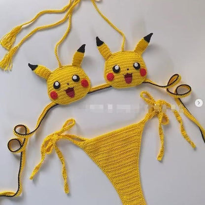 Women's 100% Handmade Crochet Cartoon Bikini Set Color Block Fun Swimsuit Beach Vacation Summer Swimwear