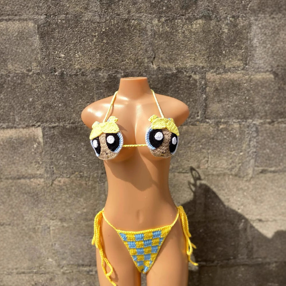 Women's 100% Handmade Crochet Cartoon Bikini Set Colorful Strap Split Swimsuit Beach Vacation Summer Swimwear - Seldom Seen Styles