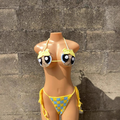 Women's 100% Handmade Crochet Cartoon Bikini Set Colorful Strap Split Swimsuit Beach Vacation Summer Swimwear