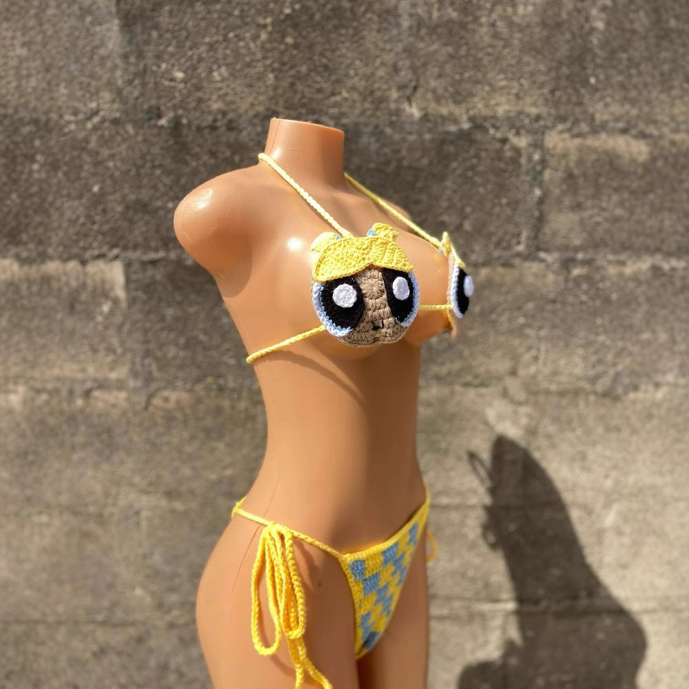 Women's 100% Handmade Crochet Cartoon Bikini Set Colorful Strap Split Swimsuit Beach Vacation Summer Swimwear - Seldom Seen Styles