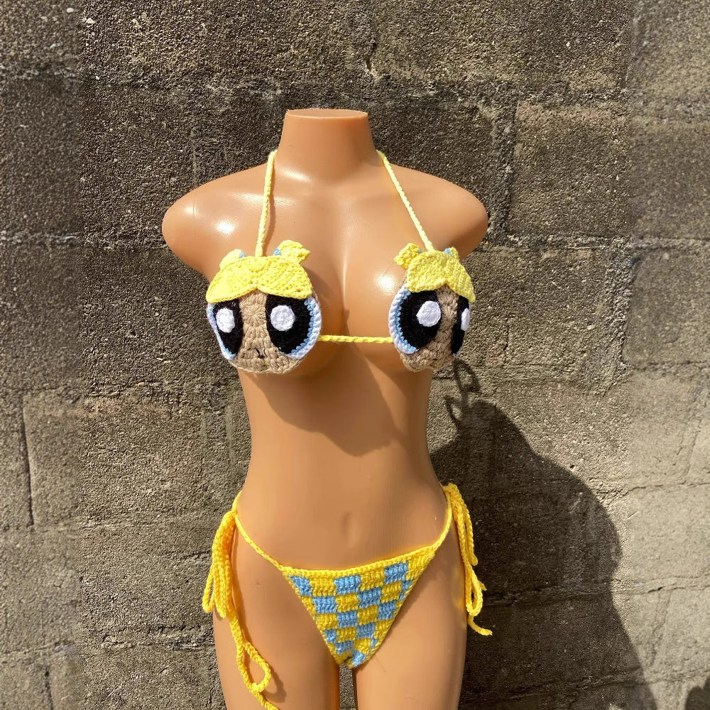 Women's 100% Handmade Crochet Cartoon Bikini Set Colorful Strap Split Swimsuit Beach Vacation Summer Swimwear - Seldom Seen Styles