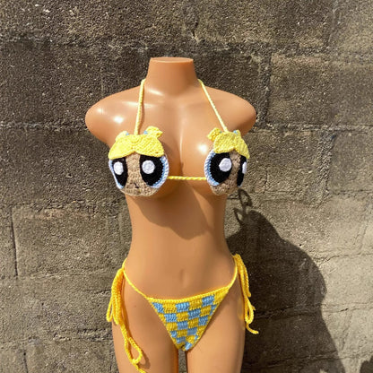 Women's 100% Handmade Crochet Cartoon Bikini Set Colorful Strap Split Swimsuit Beach Vacation Summer Swimwear