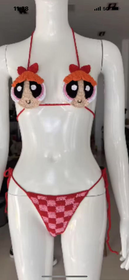 Women's 100% Handmade Crochet Cartoon Bikini Set Colorful Strap Split Swimsuit Beach Vacation Summer Swimwear