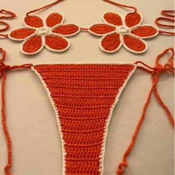 Women's 100% Handmade Crochet Cartoon Bikini Set Orange Red White Strap Split Swimsuit Beach Vacation Summer Swimwear - Seldom Seen Styles