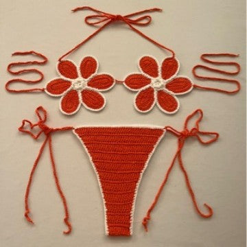 Women's 100% Handmade Crochet Cartoon Bikini Set Orange Red White Strap Split Swimsuit Beach Vacation Summer Swimwear - Seldom Seen Styles