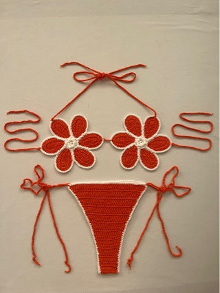 Women's 100% Handmade Crochet Cartoon Bikini Set Orange Red White Strap Split Swimsuit Beach Vacation Summer Swimwear - Seldom Seen Styles