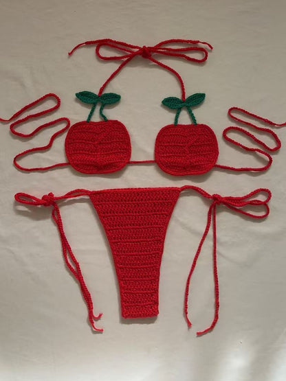 Women's 100% Handmade Crochet Cartoon Bikini Set Sexy Strap Split Swimsuit Beach Vacation Summer Swimwear