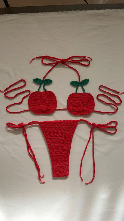 Women's 100% Handmade Crochet Cartoon Bikini Set Sexy Strap Split Swimsuit Beach Vacation Summer Swimwear