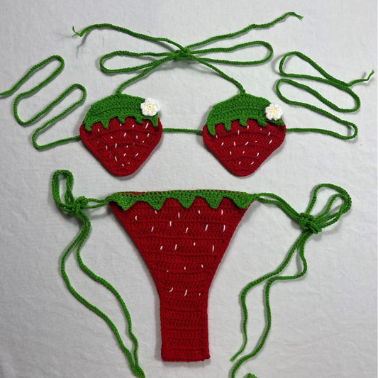 Women's 100% Handmade Crochet Strawberry Bikini Set Cute Sexy Strap Split Swimsuit Beach Vacation Summer Swimwear - Seldom Seen Styles