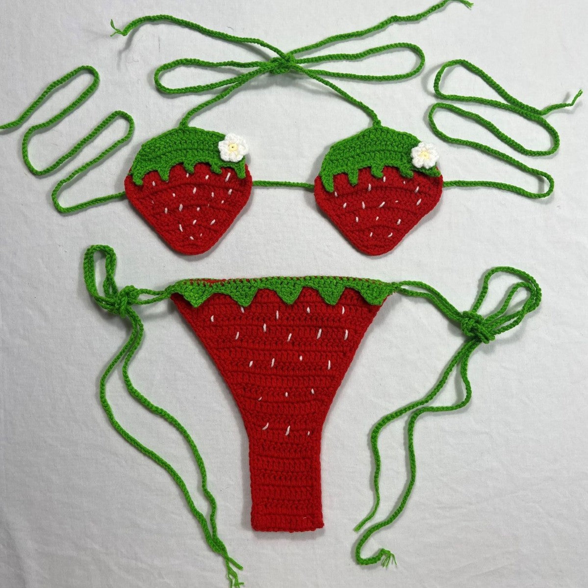 Women's 100% Handmade Crochet Strawberry Bikini Set Cute Sexy Strap Split Swimsuit Beach Vacation Summer Swimwear - Seldom Seen Styles