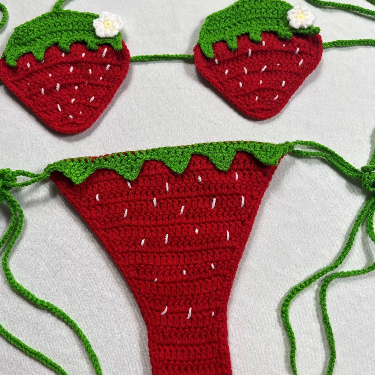 Women's 100% Handmade Crochet Strawberry Bikini Set Cute Sexy Strap Split Swimsuit Beach Vacation Summer Swimwear - Seldom Seen Styles