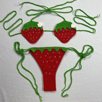 Women's 100% Handmade Crochet Strawberry Bikini Set Cute Sexy Strap Split Swimsuit Beach Vacation Summer Swimwear