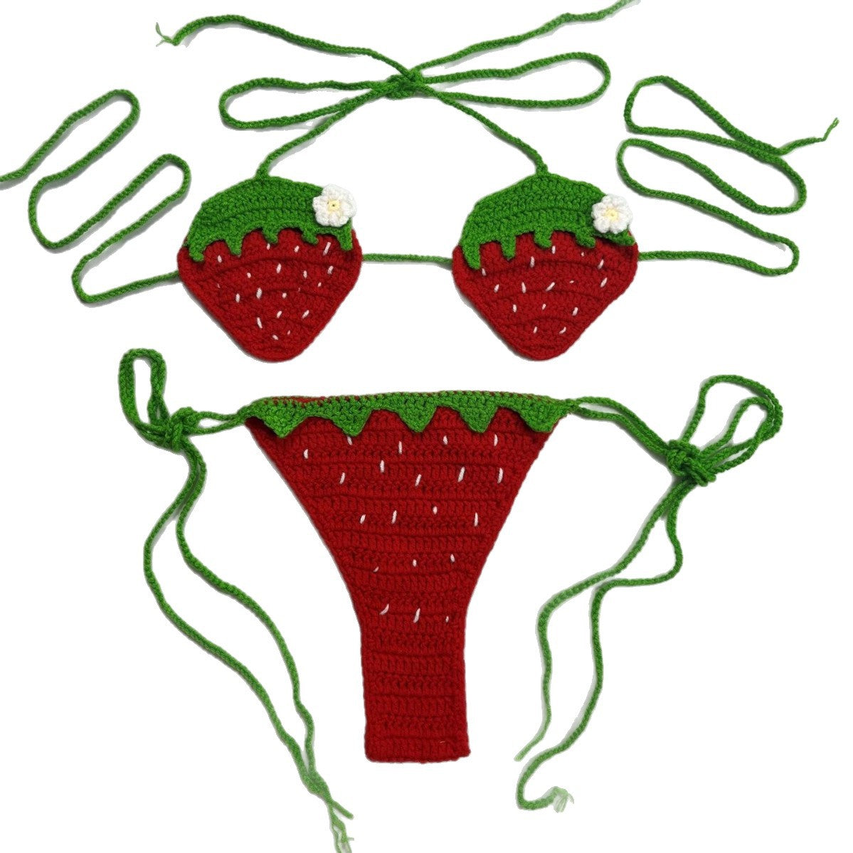 Women's 100% Handmade Crochet Strawberry Bikini Set Cute Sexy Strap Split Swimsuit Beach Vacation Summer Swimwear - Seldom Seen Styles