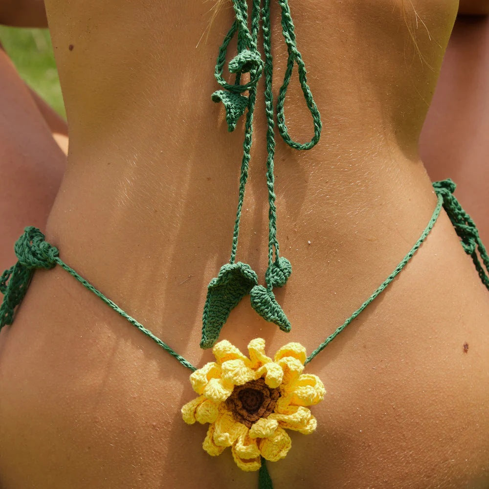 Women's 100% Handmade Crochet Sunflower Bikini Set Color Block Knit Swimsuit Beach Vacation Summer Swimwear - Seldom Seen Styles