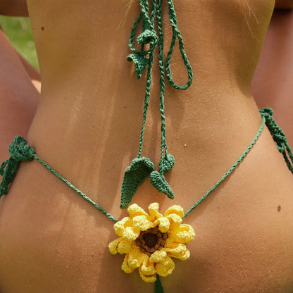 Women's 100% Handmade Crochet Sunflower Bikini Set Color Block Knit Swimsuit Beach Vacation Summer Swimwear