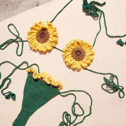 Women's 100% Handmade Crochet Sunflower Bikini Set Color Block Knit Swimsuit Beach Vacation Summer Swimwear