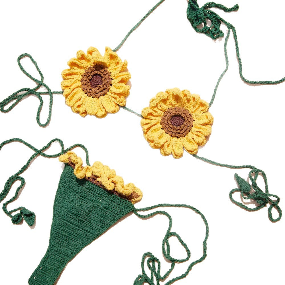 Women's 100% Handmade Crochet Sunflower Bikini Set Color Block Knit Swimsuit Beach Vacation Summer Swimwear - Seldom Seen Styles