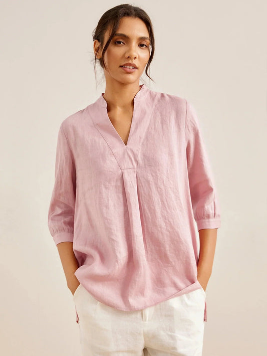Women's 100% Linen Dress Shirt Stand Collar Half Sleeve Relaxed Fit Casual Summer Beach Vacation Blouse Top - Seldom Seen Styles