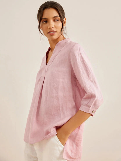 Women's 100% Linen Dress Shirt Stand Collar Half Sleeve Relaxed Fit Casual Summer Beach Vacation Blouse Top