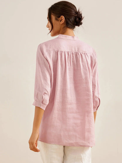 Women's 100% Linen Dress Shirt Stand Collar Half Sleeve Relaxed Fit Casual Summer Beach Vacation Blouse Top