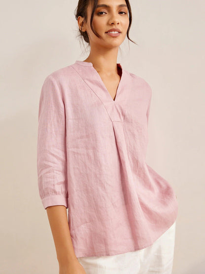 Women's 100% Linen Dress Shirt Stand Collar Half Sleeve Relaxed Fit Casual Summer Beach Vacation Blouse Top