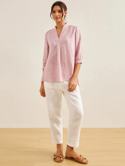 Women's 100% Linen Dress Shirt Stand Collar Half Sleeve Relaxed Fit Casual Summer Beach Vacation Blouse Top