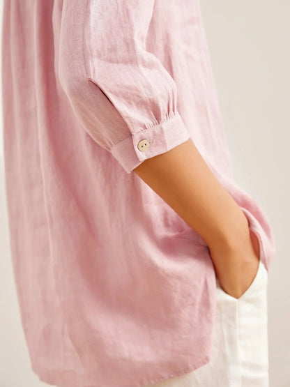 Women's 100% Linen Dress Shirt Stand Collar Half Sleeve Relaxed Fit Casual Summer Beach Vacation Blouse Top