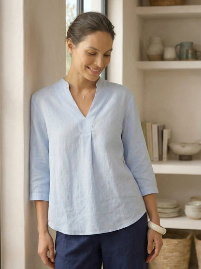 Women's 100% Linen Dress Shirt Stand Collar Half Sleeve Relaxed Fit Casual Summer Beach Vacation Blouse Top