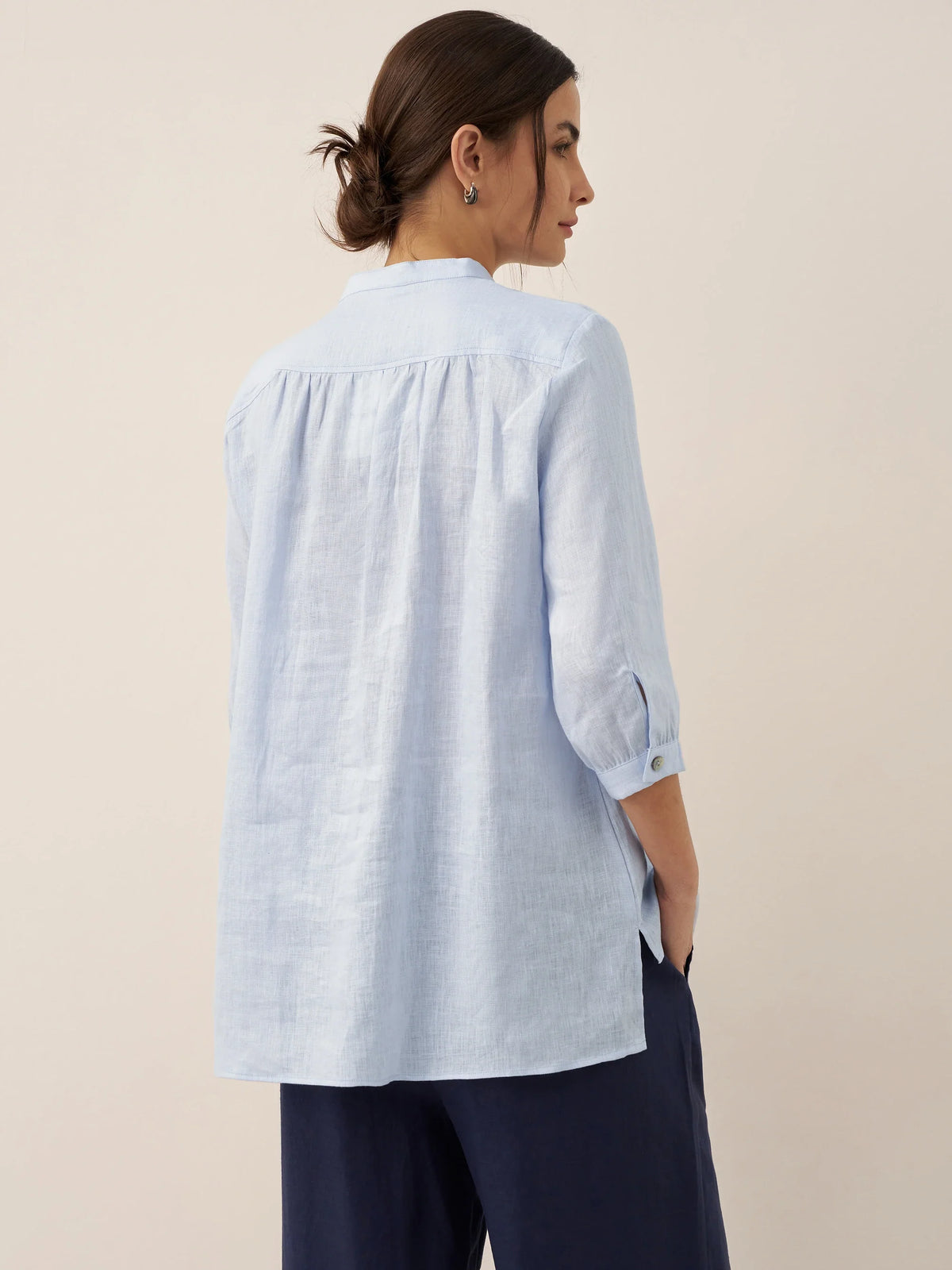 Women's 100% Linen Dress Shirt Stand Collar Half Sleeve Relaxed Fit Casual Summer Beach Vacation Blouse Top