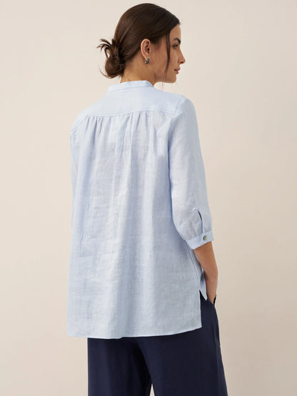 Women's 100% Linen Dress Shirt Stand Collar Half Sleeve Relaxed Fit Casual Summer Beach Vacation Blouse Top